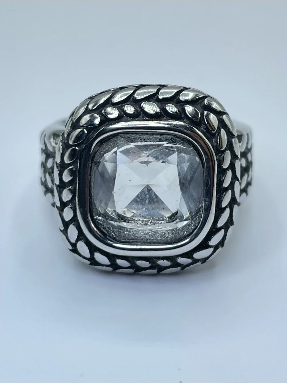 Silver Tone Clear Crystal Glass Cable Statement Ring Vintage Gothic Style